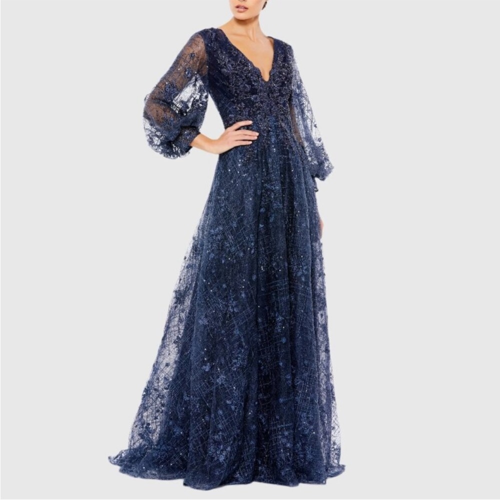 Mac Duggal Navy Blue Lace Embellished V-Neck Puff Sleeve A Line Gown Dress 6